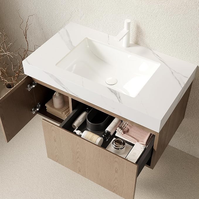 KEIKI 36 Inch Floating Bathroom Vanity with Sink, Light Brown & White | Modern Wall Mounted Storage Cabinet w/ Drawer & Door, Pre-assembled Wood Panels, Sintered Stone Top & Ceramic Basin Combo Set