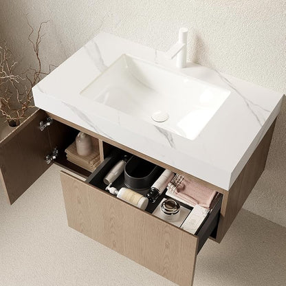 KEIKI 36 Inch Floating Bathroom Vanity with Sink, Light Brown & White | Modern Wall Mounted Storage Cabinet w/ Drawer & Door, Pre-assembled Wood Panels, Sintered Stone Top & Ceramic Basin Combo Set