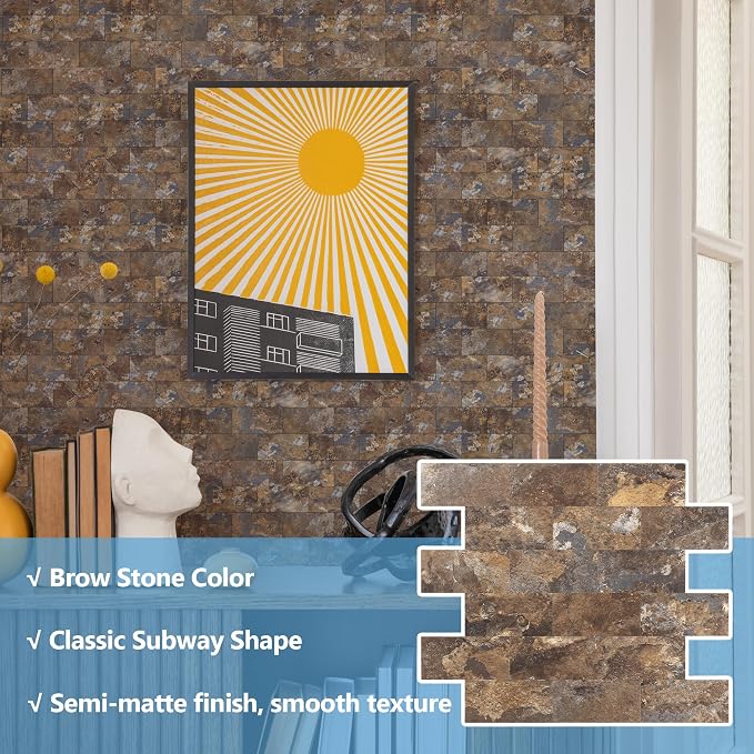 2026 New Upgrade Peel and Stick Backsplash Tile, Peel and Stick 11.34" X 11.57" Wall Tile for Kitchen, Bathroom, Fireplace, Laundry (Brown Stone Rock, 10 Packs)