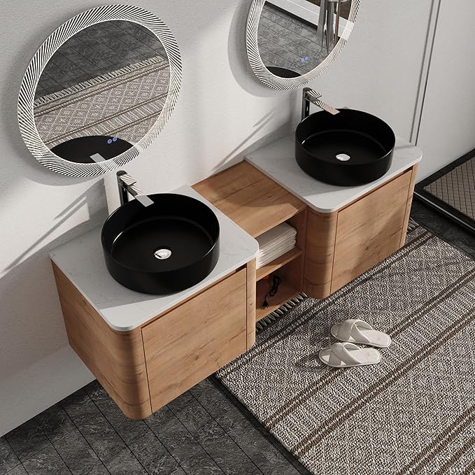 Malwee 60" Floating Bathroom Vanity with Sink, 60 Inch Wall Mounted Bathroom Cabinet Combo, Modern Double Sink Bath Storage Vanity Set, with 2 Soft Close Doors and Ceramic Vessel Basin Top(60-CC