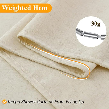 Warm Beige Linen Shower Curtain, Country Boho Farmhouse Bath Decor Shower Curtains Neutral Cloth Weighted Textured Fabric Bath Curtain Liner with Hooks, 72x96