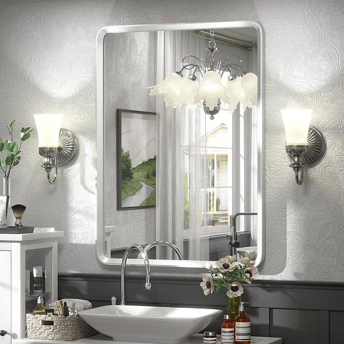 22x30 Inch Silver Bathroom Mirror | Silver Metal Frame, Rounded Rectangle Vanity Mirror, Shatterproof, Anti-Rust, Silverish Painted (Horizontal/Vertical)