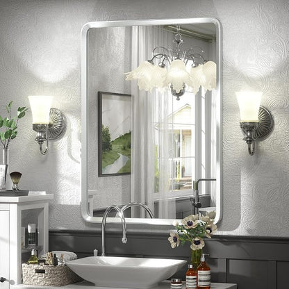 22x30 Inch Silver Bathroom Mirror | Silver Metal Frame, Rounded Rectangle Vanity Mirror, Shatterproof, Anti-Rust, Silverish Painted (Horizontal/Vertical)