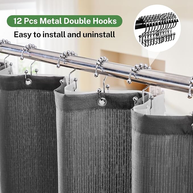 Grey Shower Curtain and Liner, 3 in 1 Shower Curtain Set with 12 Double Sided Shower Curtain Hooks, Cloth Shower Curtains for Bathroom,Waterproof, 72" W*72" H