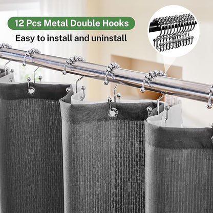 Grey Shower Curtain and Liner, 3 in 1 Shower Curtain Set with 12 Double Sided Shower Curtain Hooks, Cloth Shower Curtains for Bathroom,Waterproof, 72" W*72" H