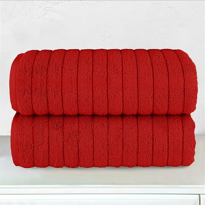 Elegant Comfort 100% Turkish Cotton Corduroy Ribbed Luxury Soft 2 Pack Bath Towels 27 x 54 Inch - Ultra Plush, Absorbent, Quick Dry, Hotel Spa Quality Towels for Bathroom Essentials, Red