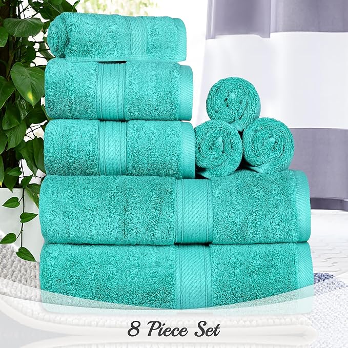 SUPERIOR Egyptian Cotton Ultra Plush & Absorbent, 8 Piece Set, Turquoise | Quick Dry, Soft Luxury Towel Set, Bath Essentials, Guest Bath, Spa, 2 Bath, 2 Hand, 4 Face Towels, Madeline Towels