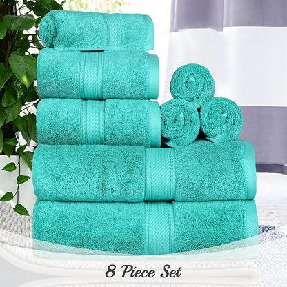 SUPERIOR Egyptian Cotton Ultra Plush & Absorbent, 8 Piece Set, Turquoise | Quick Dry, Soft Luxury Towel Set, Bath Essentials, Guest Bath, Spa, 2 Bath, 2 Hand, 4 Face Towels, Madeline Towels