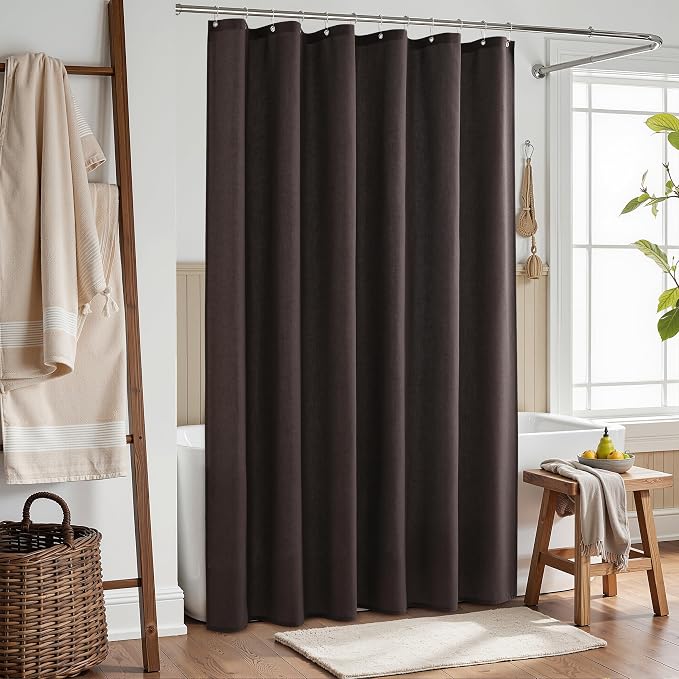 Extra Long Linen Shower Curtain for Bathroom 96 Inches Long Chocolate Brown | 8ft Ceiling to Floor Weighted Bath Curtains Set with Hook, Neutral Boho Farmhouse, Simple Luxury Shower Decor, 1 Panel, 72x96