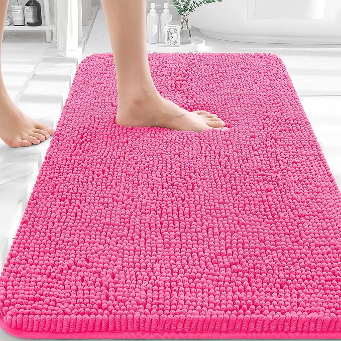 OLANLY Bathroom Rugs 36x24, Extra Soft Absorbent Chenille Bath Rugs | Hot Pink, Quick-Drying Rubber Backing, Machine Washable Bath Mat for Bathroom Floor, Tub and Shower, Home Decor Accessories