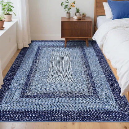 Printed Washable Area Rugs 4x6 Rug for Living Room Indoor Mats for Entryway Soft Bedroom Rug Non Slip Modern Braided Farmhouse Throw Rugs Low Pile Stain Resistant Carpet 4'x6' Navy Blue