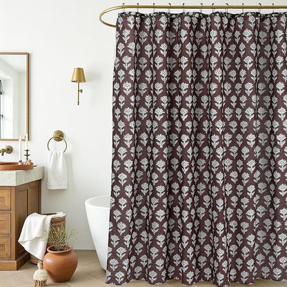 MUGINYU Brown Floral Shower Curtain Vintage Block Print - 72x72 Inches,Cotton Blend Cloth Fabric,Neutral Farmhouse Decorative French Country Bathroom Decor, Cottagecore Aesthetic Pattern