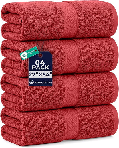 DAN RIVER 600 GSM Cotton Large Bath Towels Set of 4, 27 x 54 Inches, Red | Larger & Lighter Weight Towels for Bathroom - Highly Absorbent & Quick Dry 100% Cotton Bath Towel Set for Home, Spa & Hotel