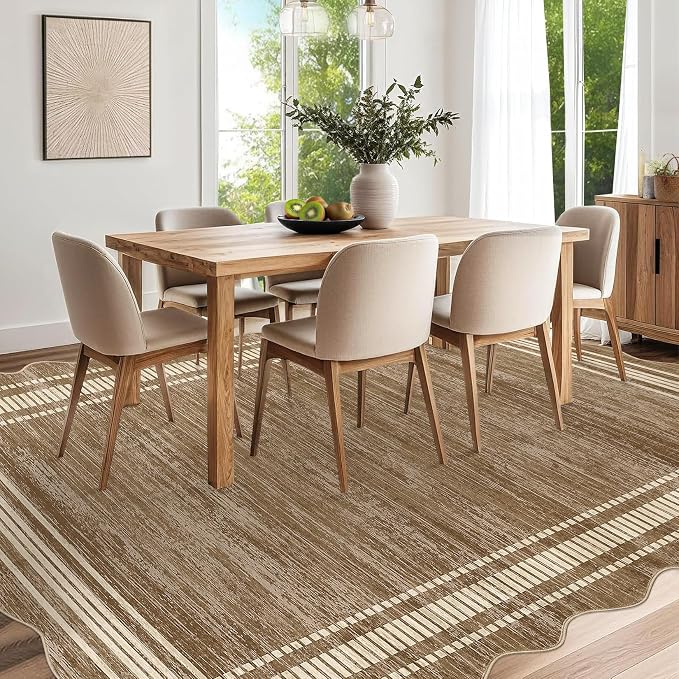 Garvee Brown Scalloped Rug 5x7 Washable Area Rug for Bedroom | Scalloped Rug 5x7, Girls Room Rug, Stain Resistant Solid Rugs for Bedroom Kids Room, Scalloped Low Pile Non-Slip Neutral Rugs
