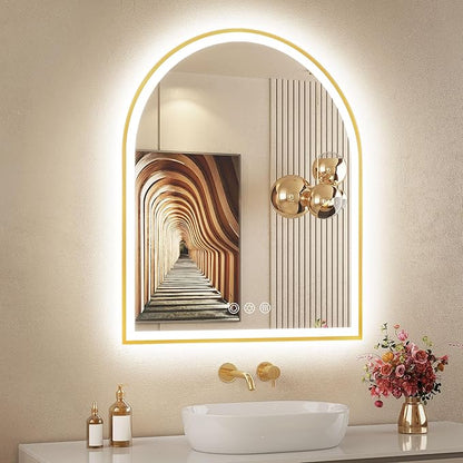 Arched LED Mirror for Bathroom 24"x30", Brushed Gold Lighted Bathroom Mirror with Lights, Fogless, Dimmable, Shatterproof, Touch Sensor, 3 Color Changing