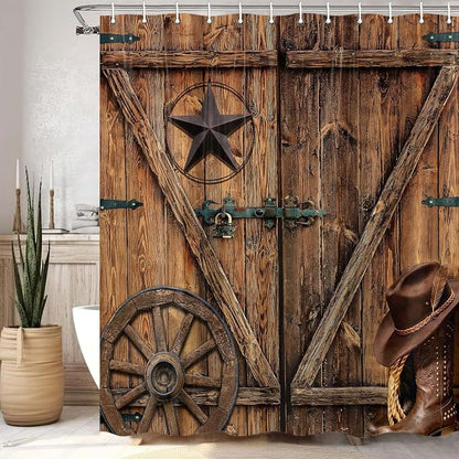 Texas Star Western Barn Door Shower Curtain Sets for Bathroom,Cowboy Hat Boots Wheel Decor Curtain, Vintage Rustic Wooden Board Farmhouse Bath Curtain with Hooks 60X70IN