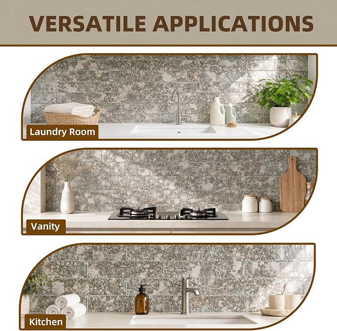 20PCS Peel and Stick Backsplash, 3"x 9" Antique Mirror Glass Tile(Rust) | Self-Adhesive Subway Tile, Backsplash Tile for Kitchen/Bathroom/Living Room