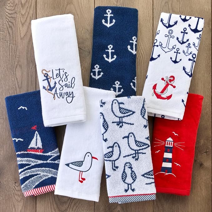 SKL Home Nautical Sailboat Waves Hand Towel Set-2pc, 100% Cotton, Navy | Plush, absorbent & reversible. Great for everyday & coastal/beach décor in the bathroom, kitchen, bar or any sink space.