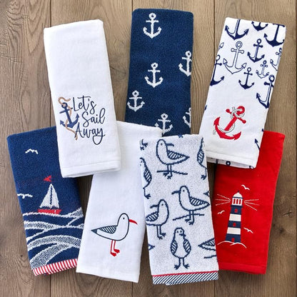 SKL Home Nautical Lighthouse Hand Towel Set-2pc, 100% Cotton, Red | Decorative embroidery for everyday & coastal/beach décor. Can be used in the bathroom, kitchen, bar or any sink space.