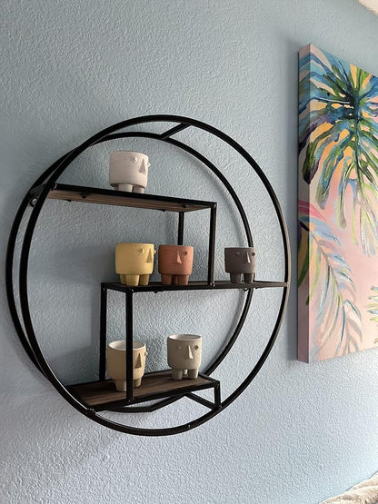 Admired By Nature, 18" Mounted Iron Circle Hanging Storage Shelving Floating Shelf 4 Tier Floating Circular Wall Decor Round Decorative Hanging Shelves, Sphere Shape Wall Shelf For Home, Black, 1 unit