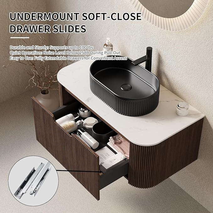 Yayzy 36" Floating Bathroom Vanity with Sink, Solid Wood Fluted Cabinet, Black Fluted Oval Ceramic Basin & Faux Marble Top, Soft-Close Drawer, Pre-Assembled, Walnut Woodgrain