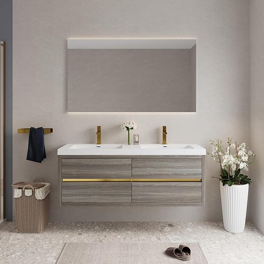 Abruzzo 60" Ash Grey Wall-Mounted Bathroom Vanity with Double Sink – Stone Resin Countertop & Soft-Close Drawers, Waterproof Wood Cabinet for Small Bathrooms