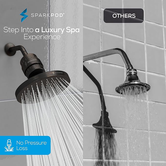 SparkPod Filtered Shower Head, 23-Stage, 8" Round, Oil-Rubbed Bronze | Showerhead for Hard Water, High Pressure, Reduces Chlorine, Heavy Metals, For Dry Skin & Hair, Removable Capsule Filter