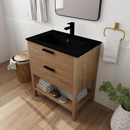 SSLine Free Standing Bathroom Vanity with Sink Modern 30" Bathroom Vanity with Top Basin&Storage Drawers Oak Wood Bath Vanity w/Black Ceramic Sink for Small Bathroom Powder Room