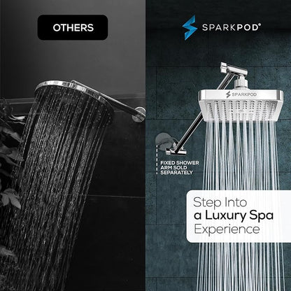 SparkPod 6" Square Rain Shower Head with 16" Shower Arm | Shower Head & Extension Arm Combo, Height Adjustable, High Pressure Performance, Easy 1-Minute Installation, Polished Chrome