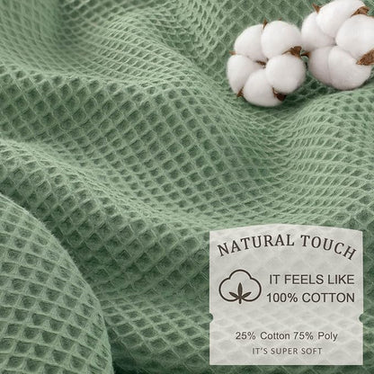 Long Waffle Shower Curtain Heavyweight Cotton Fabric Sage Green 72Wx78L | Soft Cotton Cloth,3D Square Truely Waffle,Washable, Hotel Luxury Spa, Shower Curtains for Narrow Bathroom 12 Plastic Hooks
