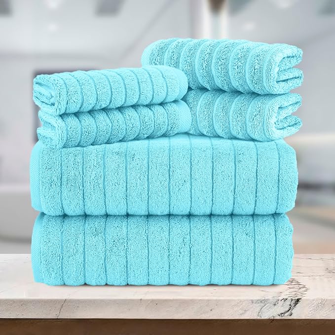 Elegant Comfort 100% Turkish Cotton Corduroy Ribbed Luxury Bath Towels 6-Piece Set, Premium Feel - Quick Dry, Highly Absorbent, Contains 2 Bath Towels, 2 Hand Towels, and 2 Washcloths, Aqua