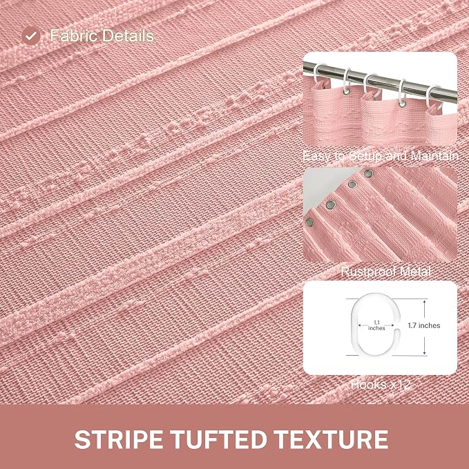 Pink Shower Curtain Boho, 72 x 84 Cotton Blend Waffle Weave Stripe Textured Heavy Duty, Fabric Shower Curtain for Bathroom, Hotel, Washable