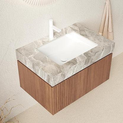Ambrovina 30" Floating Bathroom Vanity with Sink, Modern Plywood Bathroom Storage Cabinet with Drawer and Door, Light Gray Sintered Stone Countertop and White Ceramic Basin, Pre-Assembled, Dark Oak
