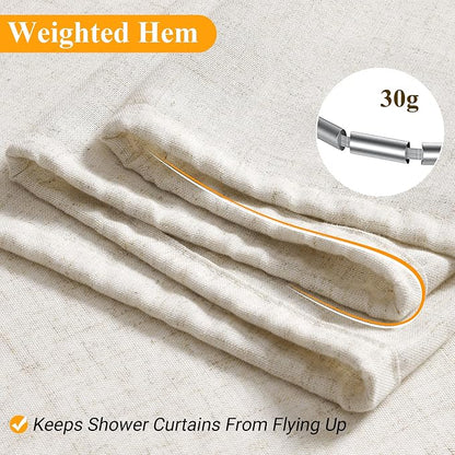 Extra Long Linen Shower Curtain 84 Inch Long Weighted Thick Fabric Bath Shower Curtain Set with Hooks, XLong Tall Country Farmhouse Beige Curtains for Bathroom, 72x84