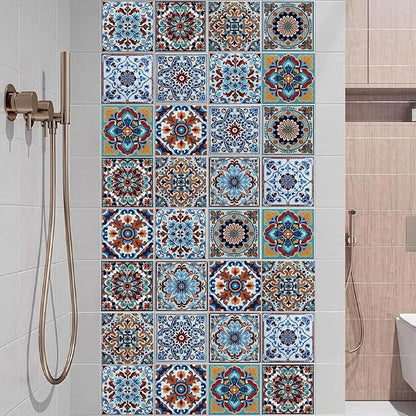 36Pcs 9 Styles Mexican Peel and Stick Tiles 4 x 4 Inch Colorful Tile Stickers Square Flower Pattern Waterproof PVC Decals for Kitchen Bathroom Backsplash Furniture Staircase DIY Home Decor