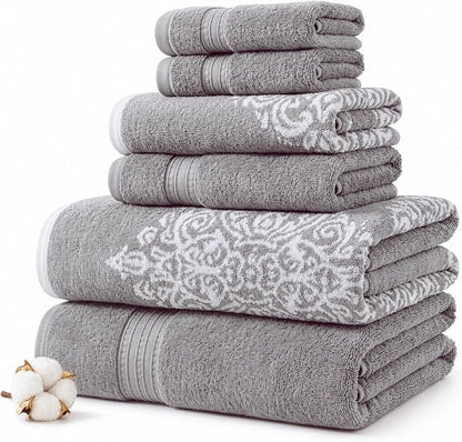 Modern Threads 6-Piece 100% Cotton Damask Medallion Towel Set, Grey | Highly Absorbent, Soft & Plush, Quick-Drying, 550 GSM, Color-Rich Yarn-Dyed Design, OEKO-TEX Certified