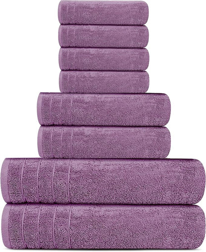Tens Towels Pack of 8 Towels Set, 2 Extra Large Bath, 2 Hand, 4 Washcloths, 100% Cotton, Lighter Weight, Quicker to Dry, Super Absorbent, Perfect for Bathroom, Purple