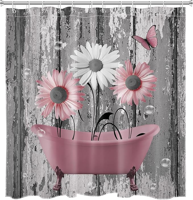 HVEST Pink and Gray Floral Shower Curtain with Hooks Daisy Flower in Bathtub and Butterfly on Rustic Wood Shower Curtain for Bathroom 78L X 72W inch Polyester Fabric Bathroom Decoration Bath Curtain