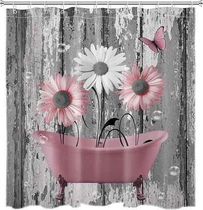 HVEST Pink and Gray Floral Shower Curtain with Hooks Daisy Flower in Bathtub and Butterfly on Rustic Wood Shower Curtain for Bathroom 78L X 72W inch Polyester Fabric Bathroom Decoration Bath Curtain