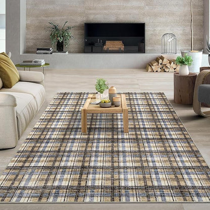 Washable Rug 9x12 Area Rug for Living Room Modern Bedroom Rug Large Area Rug Non Slip Throw Rugs Soft Low Pile Stain Resistant Carpet for Dining Room Department Dorm, 9'x12' Blue&Camel