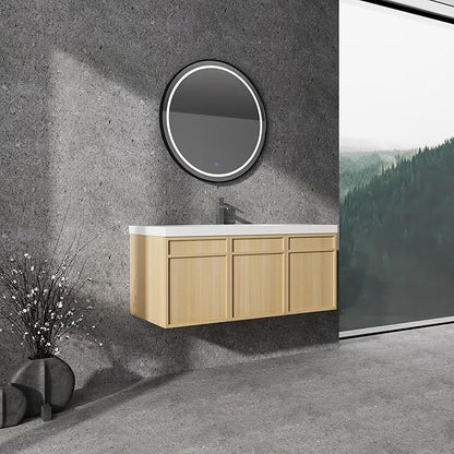 48" Wall Mounted Bathroom Vanity with Resin Sink, Floating Vanity with 3 Soft Closing Doors, Original Oak Plywood (KD-Packing)