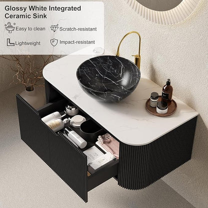 36" Floating Modern Bathroom Vanity with Sink, Natural Solid Wood Bathroom Vanities with Ultra-Thin Marble Ceramic Basin and Top, Soft-Close Design, Pre-Assembled Cabinet, Gloss Black