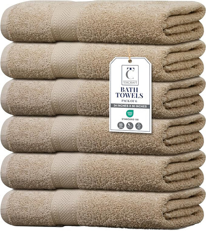 Large Bath Towels Set of 6 – 100% Cotton Terry – 24" x 50" – Quick Dry, Soft & Highly Absorbent – Beige Towels for Bathroom, Gym, Spa, Pool & Daily Use