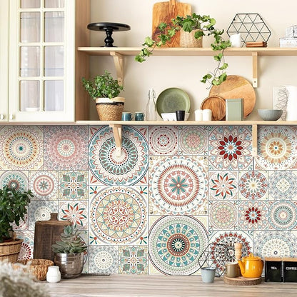 Easy Peel Stick Vinyl DIY wall Tile Decals Stick on backsplash,28pcs | 4,6,8in square tiles in 1 pack,waterproof tiles for kitchen RV laundry backsplash,remove no damage,pink mandala pattern