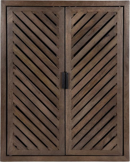 Kate and Laurel Mezzeta Decorative Modern Two-Door Floating Bathroom Cabinet; 28 x 22 x 7; Natural Wood; Decorative Over Toilet Storage Cabinet Made from Solid Mango Wood with Slatted Chevron Design