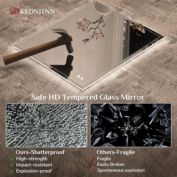 Keonjinn 72"x36" LED Backlit Mirror Bathroom, Tempered Glass Beveled Edge | Dimmable Lights(Warm/Natural/White), Fast & Safe Defogging, Hardwired/Plug in, Secure Installation, Lighted Bathroom Mirror
