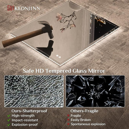 Keonjinn 24"x40" LED Mirror for Bathroom, Backlit Mirror with Beveled Edge | Safe Tempered Glass, Auto-OFF Defogging, Dimmable 3 Color Lights, Vertical/Horizontal, Lighted Mirrors for Bathroom Wall