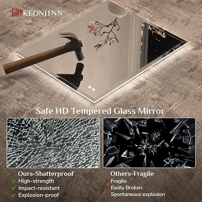 Keonjinn 30" x 36" LED Bathroom Mirror with Lights, Ambient Backlit Mirror | HD Tempered Glass Beveled Edge, Safe Defogging, Dimmable 3 Color Lights, Wall Switch/Plug in, Frameless LED Mirror for Salon
