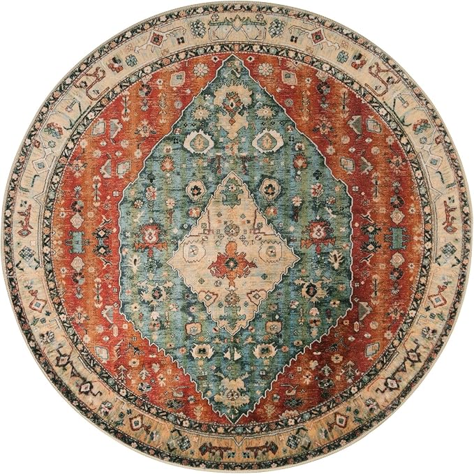 Lahome Boho Tribal Round Rug 4ft Washable Bedroom Round Area Rugs for Entryway, Soft Living Room Circular Rugs, Oriental Non-Slip Foyer Throw Mat Carpet for Nursery Kitchen (Rust/Dull Teal,4ft-Round)