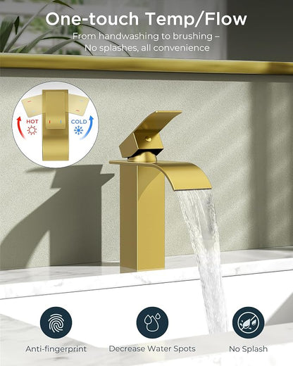 FORIOUS Bathroom Faucet 1 Hole, Waterfall Vanity Sink Faucet Brushed Gold | Bathroom Sink Faucet 1 or 3 Hole, Square Single Handle with 24" cUPC Supply Line and Pop-up Drain, Fits RV Restroom Basin